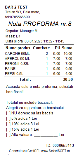 Nota plata cu rubrica bacsis